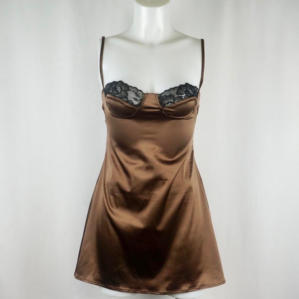 12th Tribe Satin Brown Chemise with Black Lace